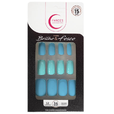 Fhaces Brilho & Fosco Azul Piscina - Unhas Postiças (36 Unidades)